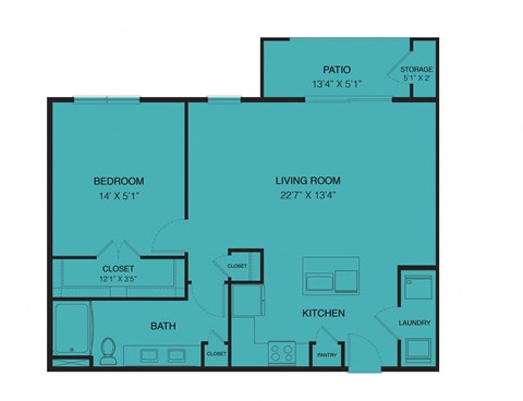 Floor plan for 1 bed, 1 bath, 895 sqft